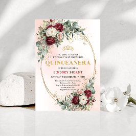 Elegant Bohemian Burgundy Floral Gold Quinceañera 招待状