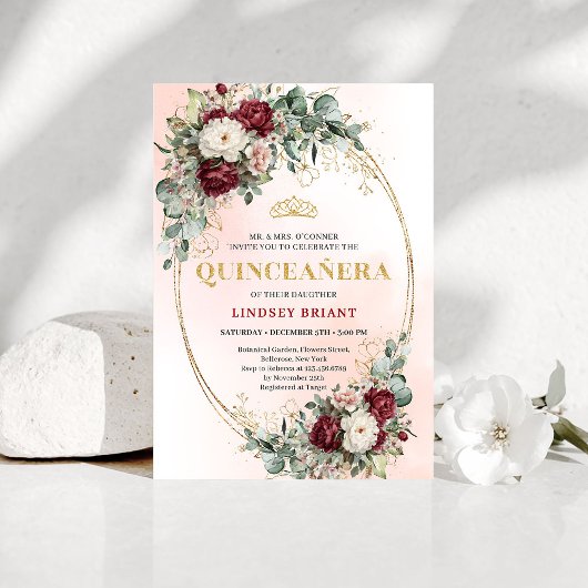 Elegant Bohemian Burgundy Floral Gold Quinceañera 招待状