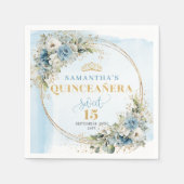 Elegant Bohemian Dusty Blue Floral Gold Glitter  スタンダードカクテルナプキン (正面)