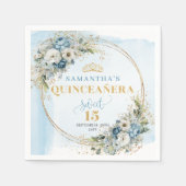 Elegant Bohemian Dusty Blue Floral Gold Glitter  スタンダードカクテルナプキン (正面)