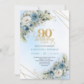 Elegant Bohemian Dusty Blue White Floral 90th Bday 招待状 (正面)