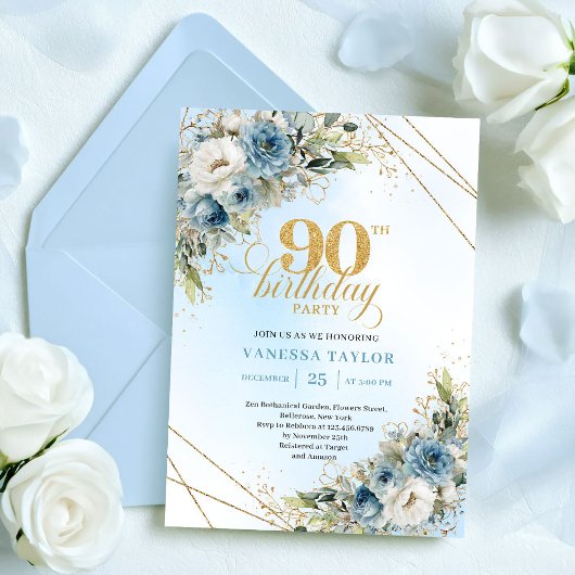Elegant Bohemian Dusty Blue White Floral 90th Bday 招待状