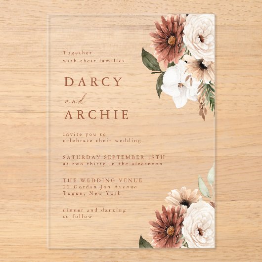 Elegant Bohemian Floral Acrylic Wedding Invitation アクリル招待状 (正面)