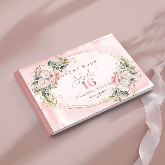 Elegant Bohemian Pink Flowers Greenery Guest Book ゲストブック