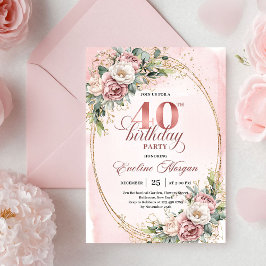 Elegant Bohemian Powder Pink Flowers 40th Birthday 招待状