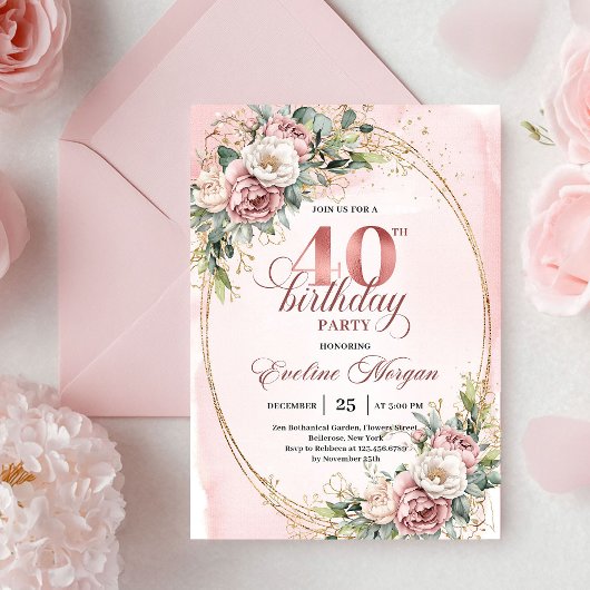 Elegant Bohemian Powder Pink Flowers 40th Birthday 招待状