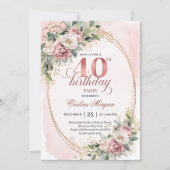 Elegant Bohemian Powder Pink Flowers 40th Birthday 招待状 (正面)