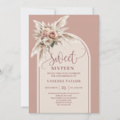 Elegant Boho Arch Dusty Pink Pampas Floral Sixteen 招待状 (正面)