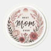 Elegant Boho Best Mom Ever Sticker - Pink Floral W ラウンドシール (正面)