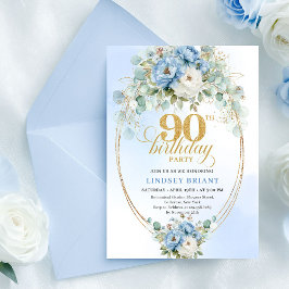 Elegant Boho Blue Floral 90th Birthday Invitation 招待状