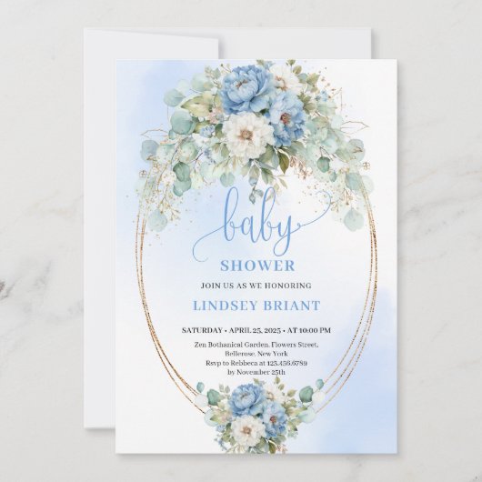 Elegant Boho Blue Floral Greenery Gold Baby Shower 招待状 (正面)