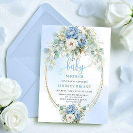 Elegant Boho Blue Floral Greenery Gold Baby Shower 招待状