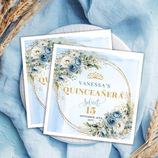 Elegant Boho Blue Floral Quinceañera Napkins スタンダードカクテルナプキン