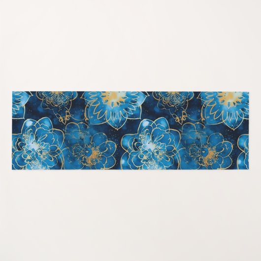 Elegant Boho Blue Gold Floral Mandala ヨガマット (正面(横))