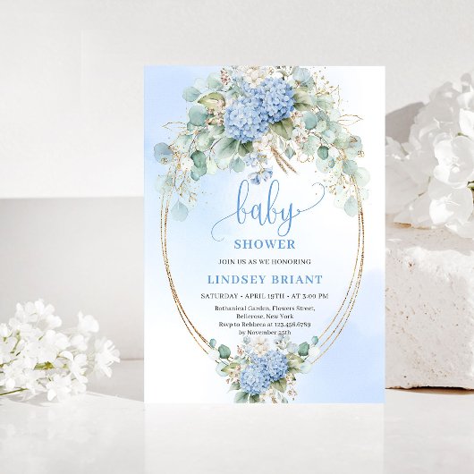 Elegant Boho Blue Hydrangea Gold Baby Shower 招待状