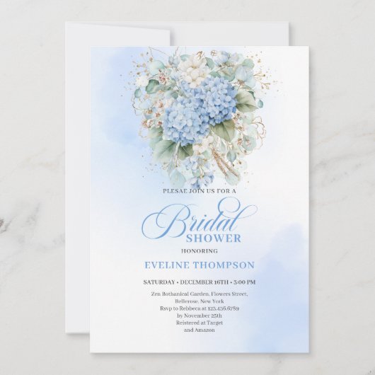 Elegant Boho Blue Hydrangea Gold Bridal Invitation 招待状 (正面)