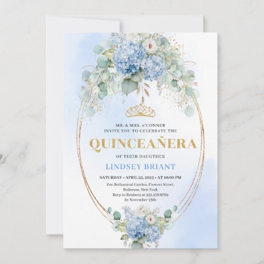 Elegant Boho Blue Hydrangeas Quinceañera Invite 招待状 (正面)