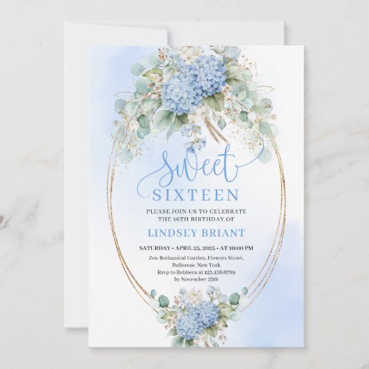 Elegant Boho Blue Hydrangeas Sweet Sixteen Invite 招待状 (正面)