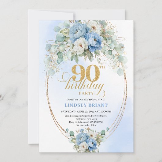 Elegant Boho Blue Peonies 90th Birthday Invitation 招待状 (正面)