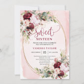 Elegant Boho Blush Burgundy Floral Sweet Sixteen  招待状 (正面)