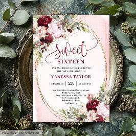 Elegant Boho Blush Burgundy Floral Sweet Sixteen  招待状