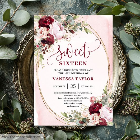 Elegant Boho Blush Burgundy Floral Sweet Sixteen  招待状