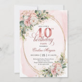 Elegant Boho Blush Floral 40th Birthday Invitation 招待状 (正面)