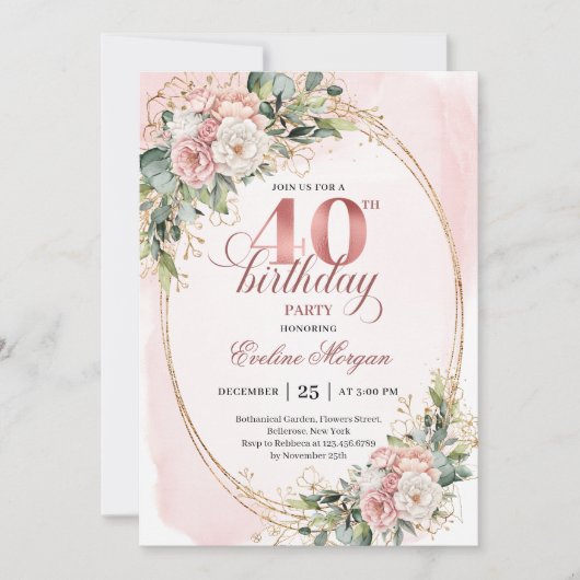Elegant Boho Blush Floral 40th Birthday Invitation 招待状 (正面)