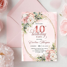 Elegant Boho Blush Floral 40th Birthday Invitation 招待状