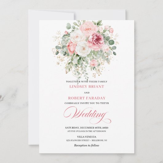 Elegant Boho Blush Floral Wedding Invite 招待状 (正面)
