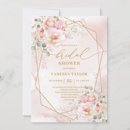 Elegant Boho Blush Gold Frame Bridal Shower Invite 招待状 (正面)
