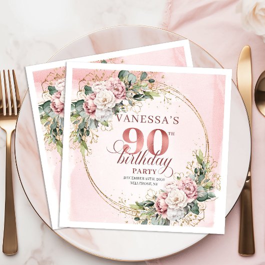 Elegant Boho Blush Pink Floral 90th Birthday Party スタンダードカクテルナプキン