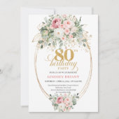 Elegant Boho Blush Roses 80th Birthday Invitation 招待状 (正面)