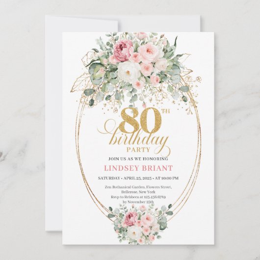 Elegant Boho Blush Roses 80th Birthday Invitation  招待状 (正面)