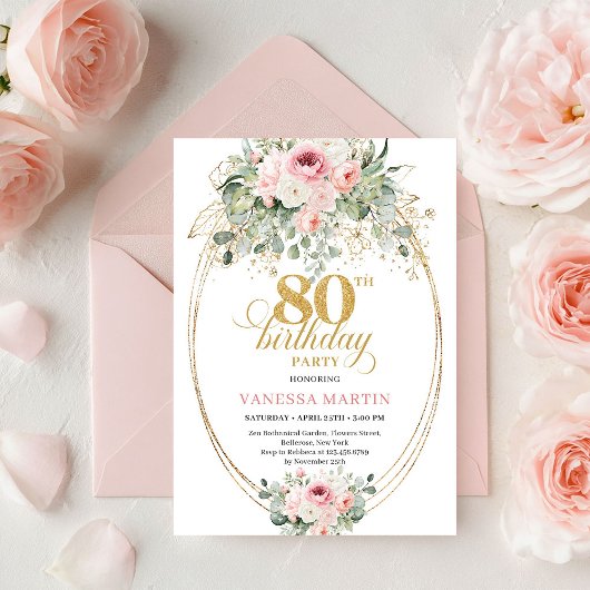Elegant Boho Blush Roses 80th Birthday Invitation  招待状