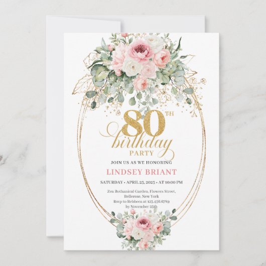 Elegant Boho Blush Roses 80th Birthday Invitation  招待状 (正面)