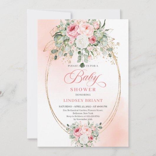 Elegant Boho Blush Roses Gold Baby Shower Invite 招待状 (正面)