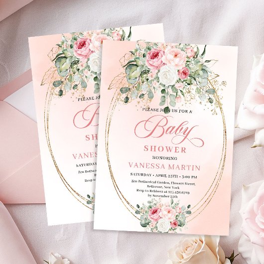 Elegant Boho Blush Roses Gold Baby Shower Invite 招待状