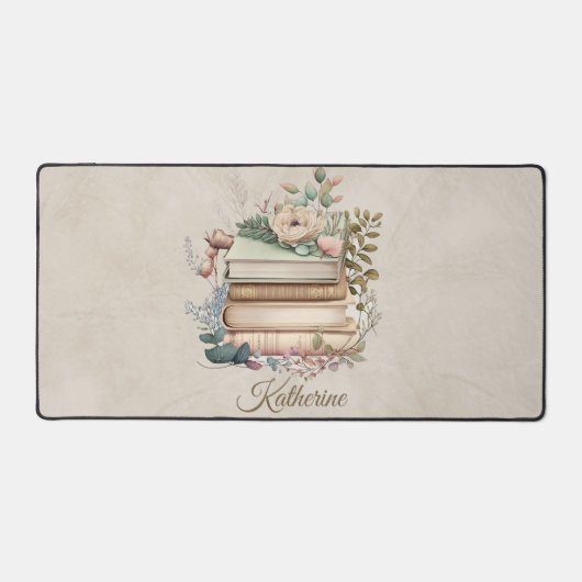 Elegant Boho Book Stack Floral  Name デスクマット (正面)
