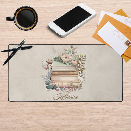 Elegant Boho Book Stack Floral  Name デスクマット