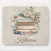 Elegant Boho Book Stack Floral  Name マウスパッド (正面)
