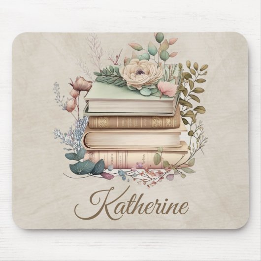 Elegant Boho Book Stack Floral  Name マウスパッド (正面)