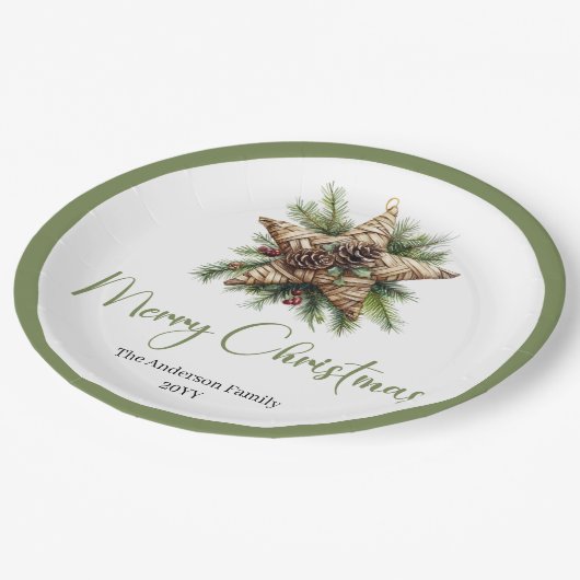 Elegant Boho Botanical Christmas Tree Dinner Plate ペーパープレート (アングル)