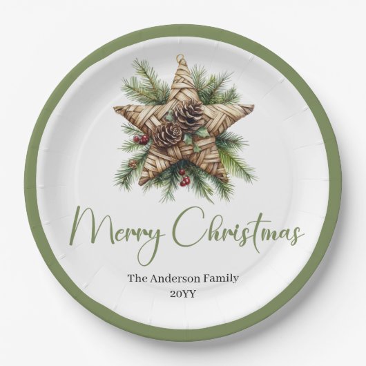 Elegant Boho Botanical Christmas Tree Dinner Plate ペーパープレート (正面)