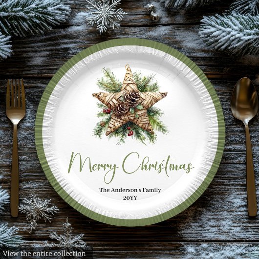 Elegant Boho Botanical Christmas Tree Dinner Plate ペーパープレート