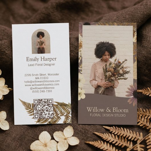 Elegant Boho Botanical Wildflower Floral Photo QR 名刺