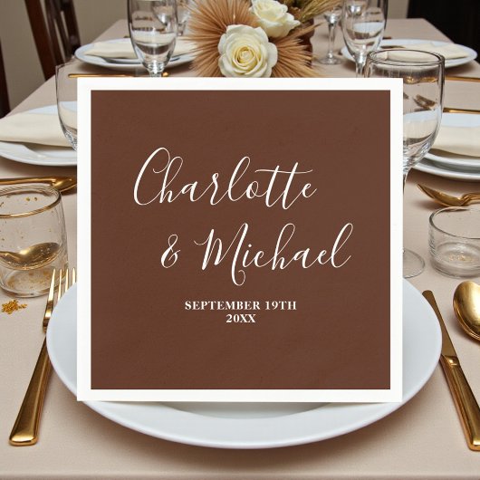 Elegant Boho Brown Script Minimalist Wedding スタンダードカクテルナプキン