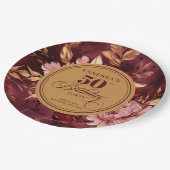 Elegant Boho Burgundy Blush Gold 50th Birthday  ペーパープレート (アングル)
