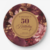 Elegant Boho Burgundy Blush Gold 50th Birthday  ペーパープレート (正面)