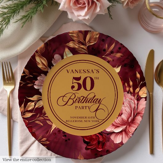 Elegant Boho Burgundy Blush Gold 50th Birthday  ペーパープレート